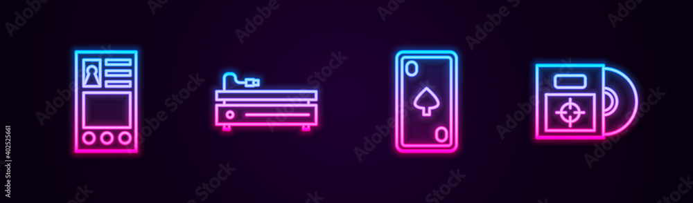 Set line Create account screen, Video game console, Playing card with diamonds and CD or DVD disk box. Glowing neon icon. Vector. Set line Create account screen, Video game console, Playing card with diamonds and CD or DVD disk box. Glowing neon icon. Vector.