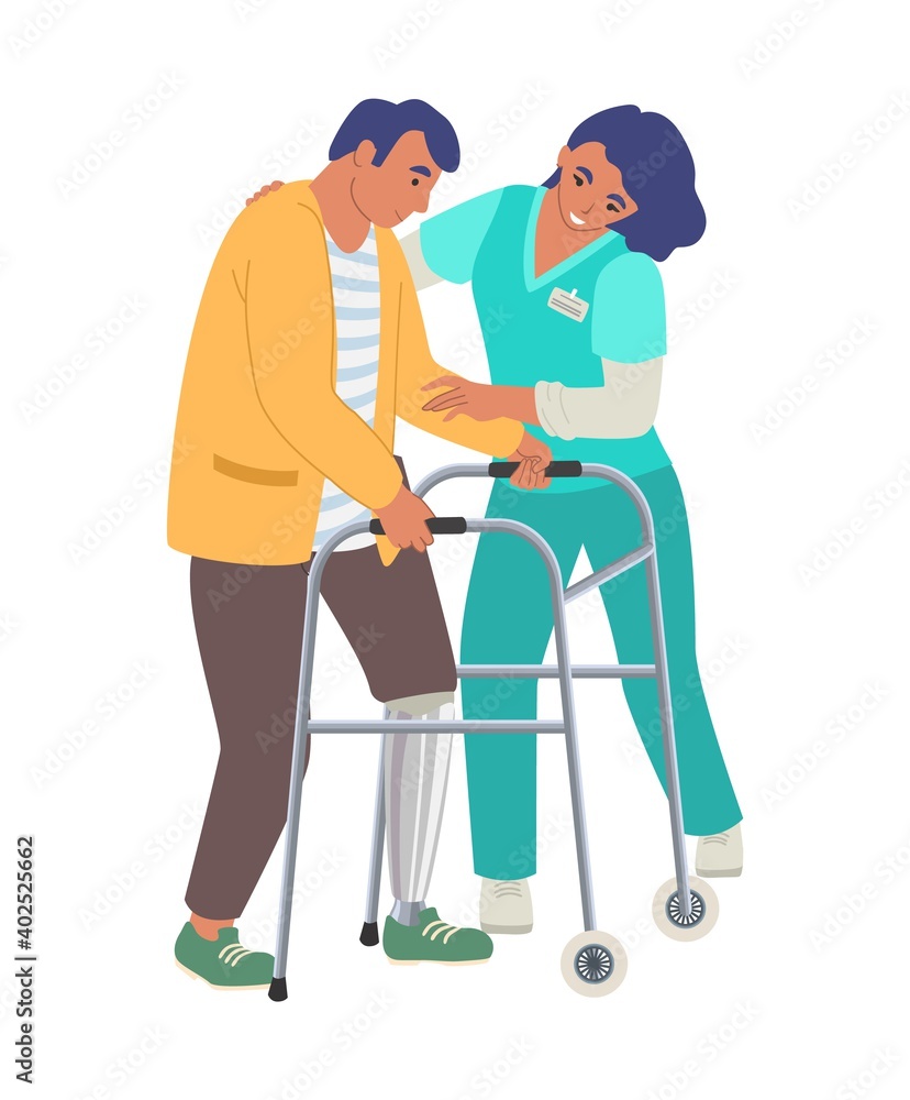 Rehabilitation center. Patient learning to walk using walker with help of doctor physiotherapist, flat vector illustration. Rehabilitation, physical therapy treatment of people with injury, disability Rehabilitation center. Patient learning to walk using walker with help of doctor physiotherapist, flat vector illustration. Rehabilitation, physical therapy treatment of people with injury, disability