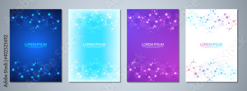 Set of template brochures or cover design, book, flyer, with molecules background and neural network. Abstract geometric background of connected lines and dots. Science and technology concept.
