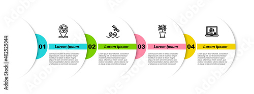 Set line Chicken farm and location, Smart with drone, Plant in pot and Laptop application for smart. Business infographic template. Vector.