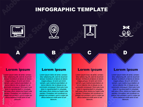 Set line Incubator for eggs, Location and tree, Automatic irrigation sprinklers and Smart farm with drone. Business infographic template. Vector.
