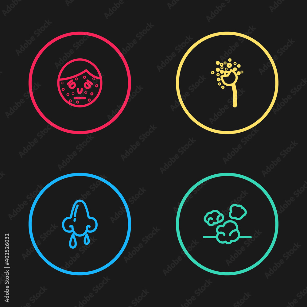 Set line Runny nose, Dust, Flower producing pollen and Face with psoriasis or eczema icon. Vector. Set line Runny nose, Dust, Flower producing pollen and Face with psoriasis or eczema icon. Vector.