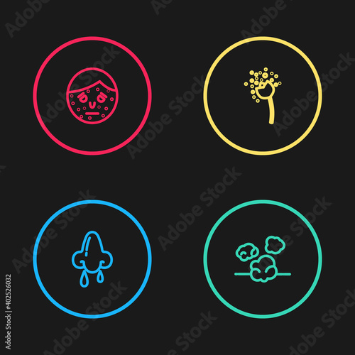 Set line Runny nose, Dust, Flower producing pollen and Face with psoriasis or eczema icon. Vector.