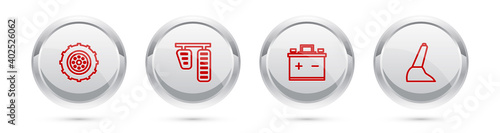 Set line Car wheel, gas and brake pedals, battery and handbrake. Silver circle button. Vector.