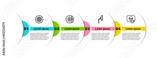 Set line Car wheel, brake disk with caliper, Windscreen wiper and Oil filler cap at gas station. Business infographic template. Vector.