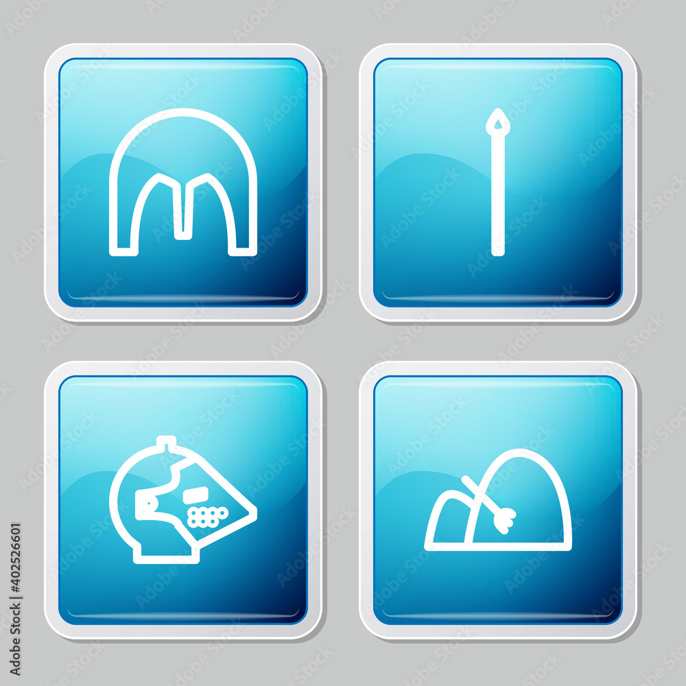 Set line Medieval iron helmet, spear, and Bale of hay and rake icon. Vector. Set line Medieval iron helmet, spear, and Bale of hay and rake icon. Vector.