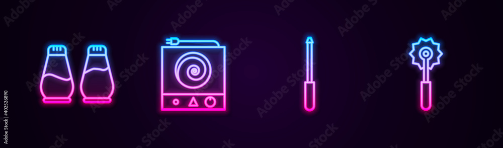 Set line Salt and pepper, Electric stove, Knife sharpener and Pizza knife. Glowing neon icon. Vector. Set line Salt and pepper, Electric stove, Knife sharpener and Pizza knife. Glowing neon icon. Vector.