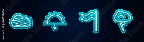 Set line Fog and cloud, Sunset, Meteorology windsock wind vane and Storm. Glowing neon icon. Vector.