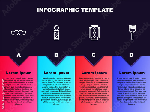 Set line Mustache, Classic Barber shop pole, Blade razor and Hairbrush. Business infographic template. Vector.