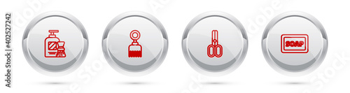 Set line Shaving gel foam and brush, Hairbrush, Scissors hairdresser and Bar of soap with. Silver circle button. Vector.