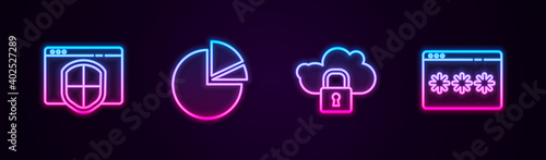 Set line Browser with shield, Pie chart infographic, Cloud computing lock and Password protection. Glowing neon icon. Vector.