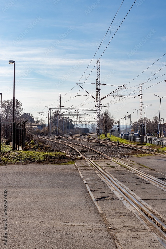 View of the railway tracks along Pervomayskaya street from the intersection of Radivoja Koraca street in the city of Pancevo, Serbia
