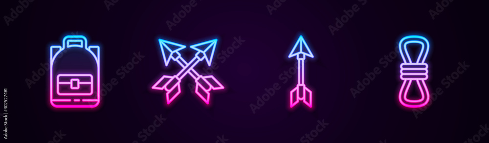 Set line Hiking backpack, Crossed arrows, Hipster and Climber rope. Glowing neon icon. Vector. Set line Hiking backpack, Crossed arrows, Hipster and Climber rope. Glowing neon icon. Vector.