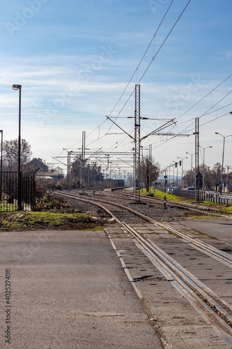 View of the railway tracks along Pervomayskaya street from the intersection of Radivoja Koraca street in the city of Pancevo, Serbia
