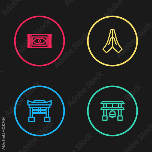 Set line Japan Gate, , Hands in praying position and Traditional carpet icon. Vector.