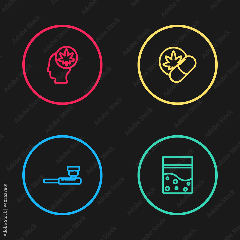 Set line Smoking pipe, Plastic bag of cannabis, Herbal ecstasy tablets and Head with marijuana or icon. Vector. Set line Smoking pipe, Plastic bag of cannabis, Herbal ecstasy tablets and Head with marijuana or icon. Vector.