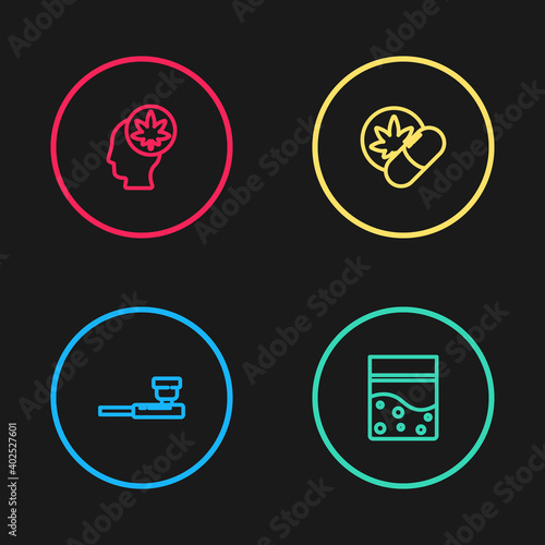 Set line Smoking pipe, Plastic bag of cannabis, Herbal ecstasy tablets and Head with marijuana or icon. Vector.