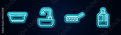 Set line Plastic basin, Washbasin with water tap, Brush for cleaning and Fabric softener. Glowing neon icon. Vector.