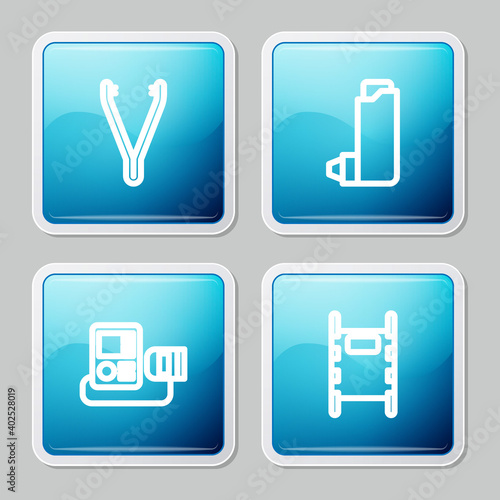 Set line Medical tweezers, Inhaler, Blood pressure and Stretcher icon. Vector.