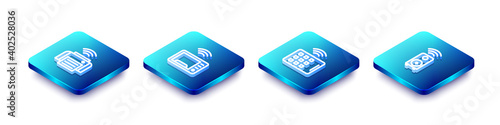 Set Isometric line Smart printer, microwave oven, Wireless tablet and stereo speaker icon. Vector.