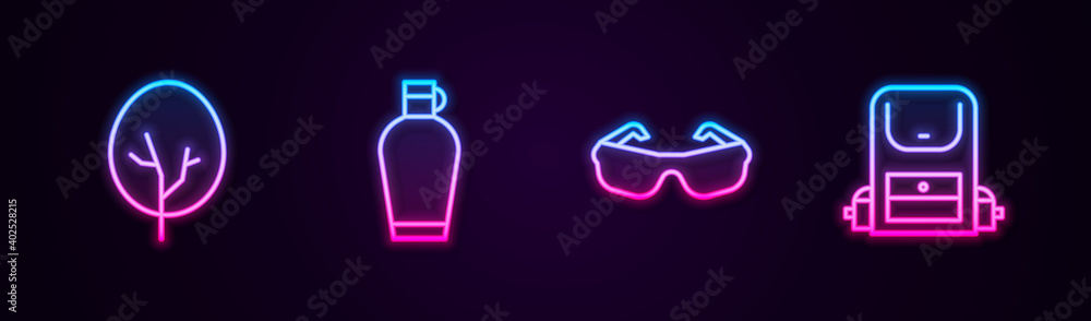 Set line Tree, Canteen water bottle, Glasses and Hiking backpack. Glowing neon icon. Vector. Set line Tree, Canteen water bottle, Glasses and Hiking backpack. Glowing neon icon. Vector.