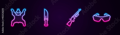 Set line Bear skin, Hunter knife, Shotgun and Glasses. Glowing neon icon. Vector.