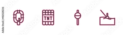 Set line Inflatable boat, Fishing float, Detonate dynamite bomb stick and water icon. Vector.