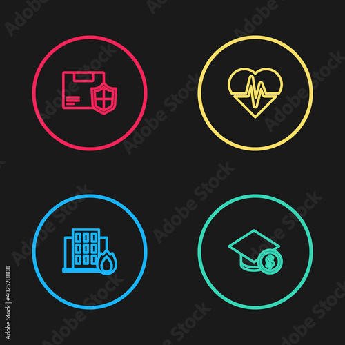 Set line Fire in burning house, Graduation cap and coin, Health insurance and Delivery security with shield icon. Vector.