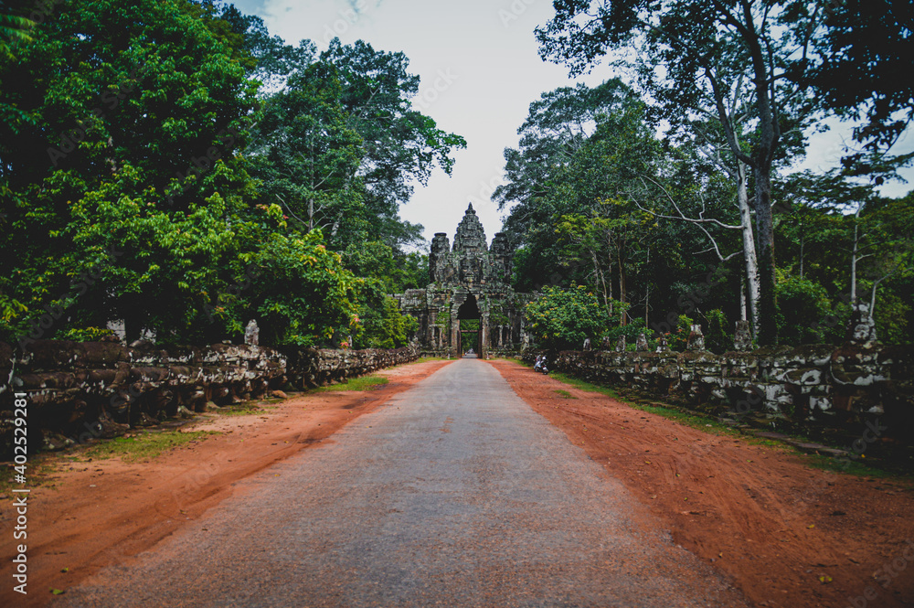 Gates of Angkor Thom leading to Bayon Temple in Siem Reap, Cambodia
