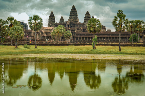 Cinematic scenery of the ancient temple ruins of Angkor Wat in Siem Reap, Cambodia
