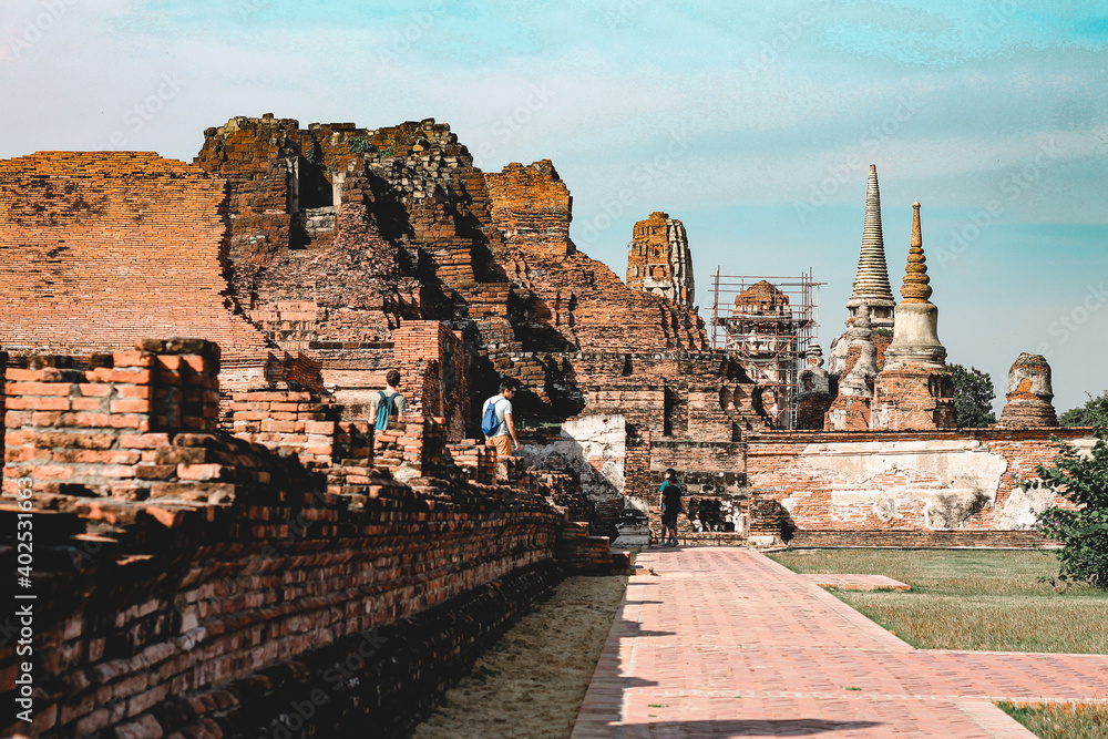 Ancient ruins in  Ayutthaya Historical Park, a famous tourist attraction in old city of Ayutthaya, Phra Nakhon Si Ayutthaya Province, Thailand
