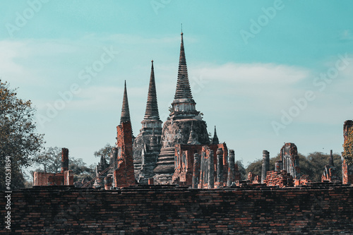 Ancient ruins in  Ayutthaya Historical Park  a famous tourist attraction in old city of Ayutthaya  Phra Nakhon Si Ayutthaya Province  Thailand