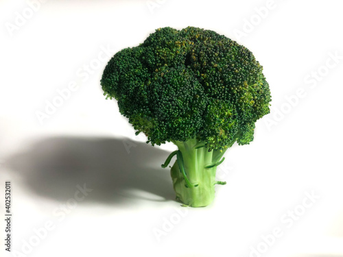 Fresh broccoli stands like a tree on a white isolated background