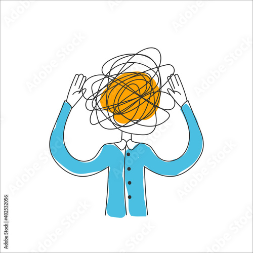 Man with tangled ball in his head. Concept of anxiety, panic attack