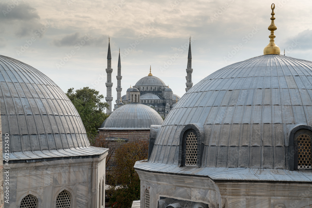 The famous Blue Mosque in Turkey Istanbul Hagia Sophia (St. Sophia) Museum view from the mosque.