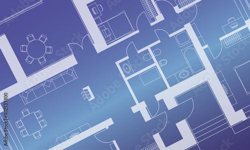 Architectural background. Part of architectural project, architectural plan of a residential building. Blue and white illustration