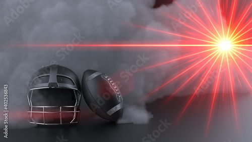 American football Silver-Black helmet and Silver-Black Ball with dark black toned foggy smoke under black-white laser lighting. 3D illustration. 3D high quality rendering.