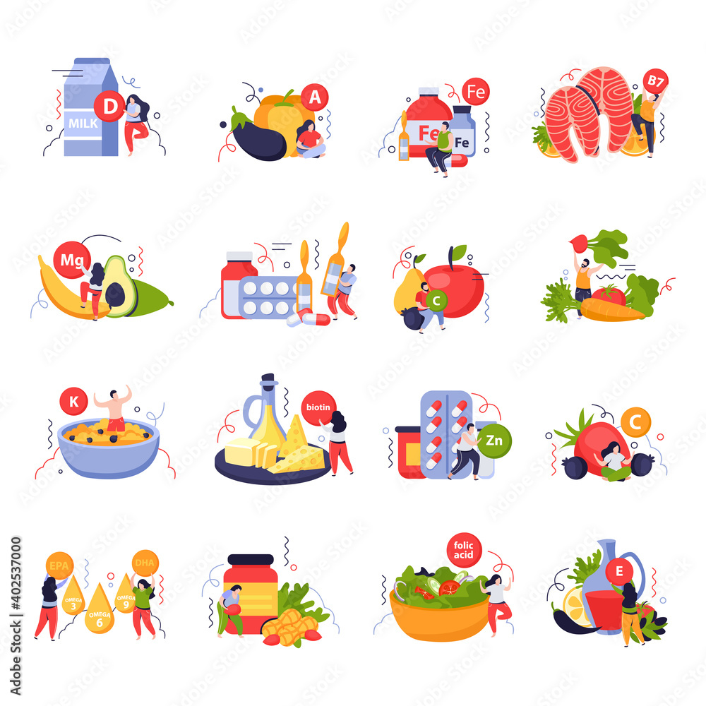 Vitamins In Products Icons Set Vitamins In Products Icons Set