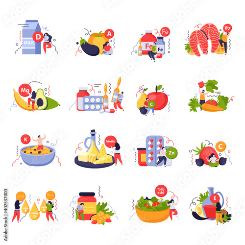Vitamins In Products Icons Set