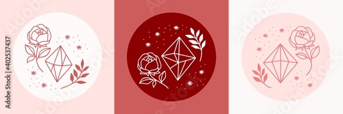 Collection of hand drawn magical crystal and rose floral logo illustration with leaf branch and stars