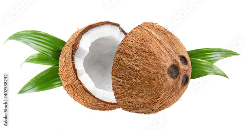 Two delicious coconut halves, isolated on white background