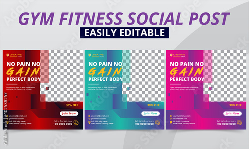 Fitness gym social media post premium vector template design set for Workout studio & club Promo Header & Offer Ads. Modern geometric Sports & Bodybuilding social layouts web banner & square flyer.