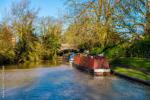 A walk beside the Grand Union canal at Debdale Whark, UK on a sunny day