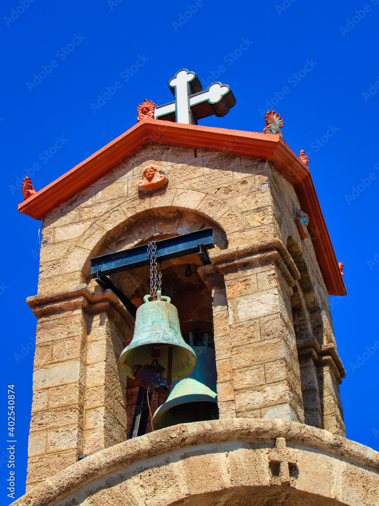 Bell tower of an old church on the island of Rhodes