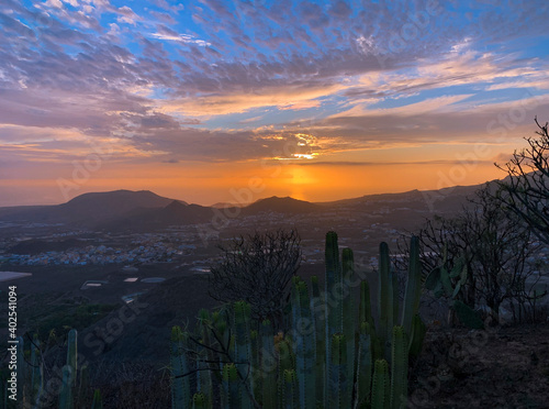 A spectacular sunset observed from the La Centinela viewpoint. Tenerife, Canary Islands, Spain.