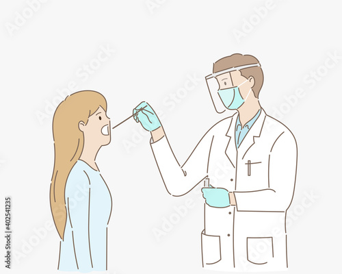 Doctors or scientists are testing the coronavirus or COVID-19. From infected people or sick people. Healthcare concept. Epidemic. Hand draw style. Vector illustration.