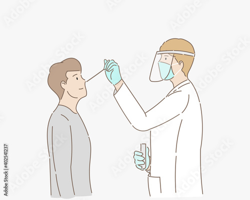 Doctors or scientists are testing the coronavirus or COVID-19. From infected people or sick people. Healthcare concept. Epidemic. Hand draw style. Vector illustration.