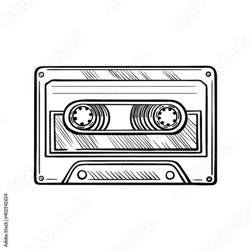 Hand-drawn cassette tape. Vector doodle illustration