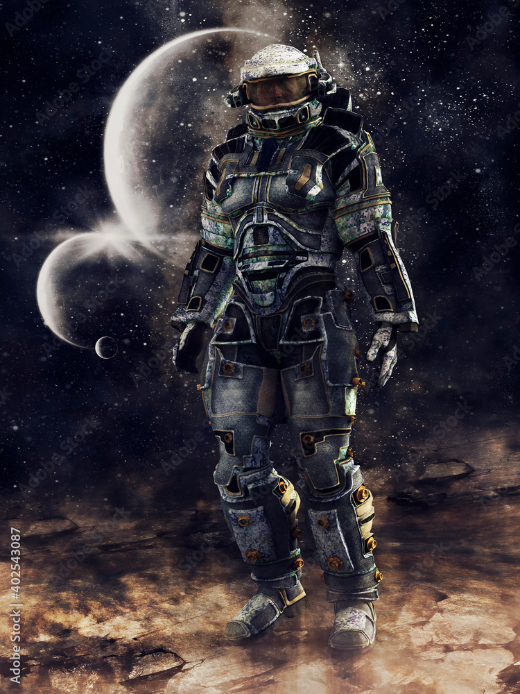 Futuristic scene with a cosmonaut standing on an alien planet with stars and planets in the background. 3D render - the man in the image is a 3D object. Futuristic scene with a cosmonaut standing on an alien planet with stars and planets in the background. 3D render - the man in the image is a 3D object.