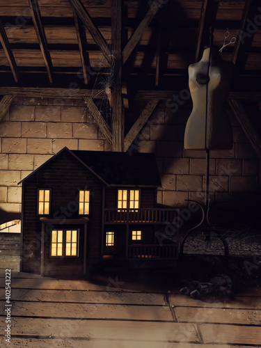 Dark attic room with a haunted doll house, cobwebs, and other vintage objects. 3D render.